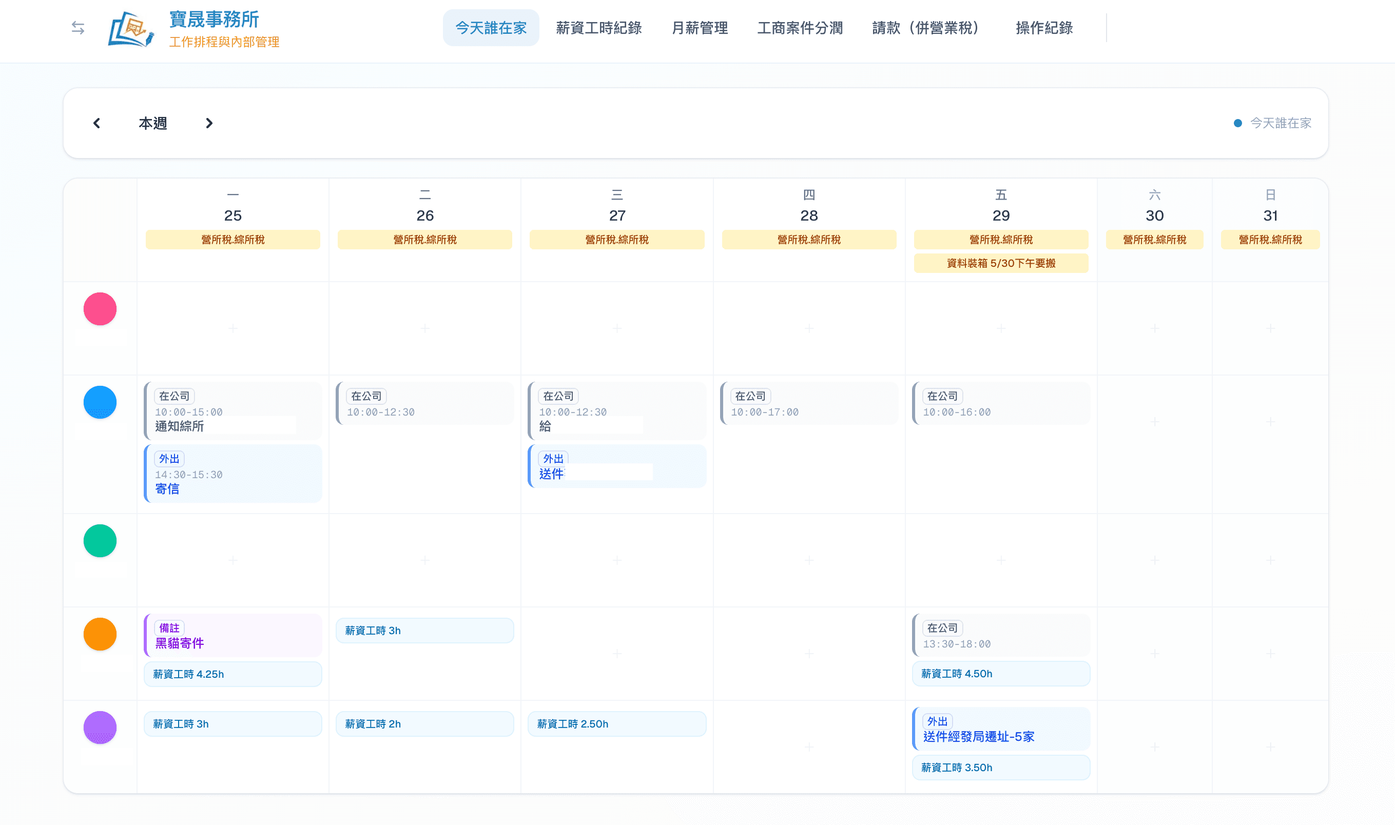 會計事務所行程系統的主管週曆畫面,員工在 LINE 回報的行程自動排進週曆